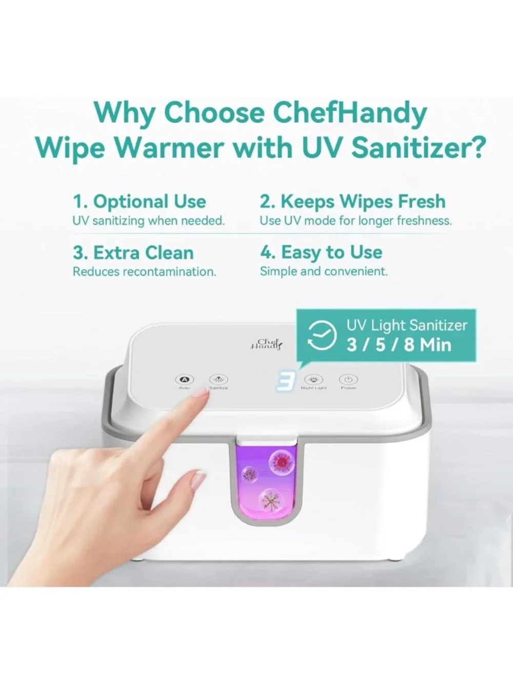 UV Sanitizing Wipe Warmer - Large Capacity, 3 Temp Settings, Night Light & Quiet